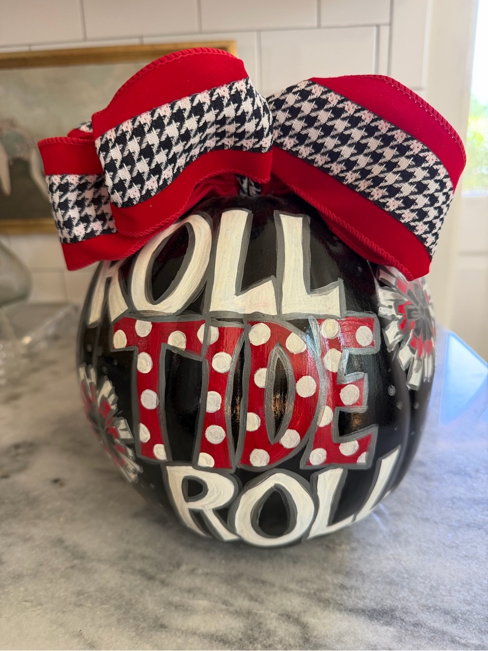 Hand Painted Faux Pumpkin with Red, White, and Black Houndstooth Bow Accent